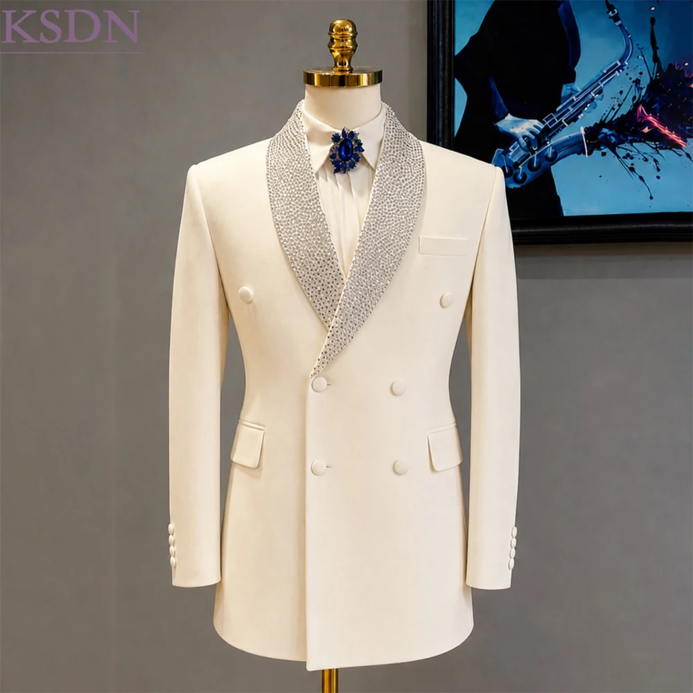 Luxury Beading Evening Men's Suits Customized Festival Banquet Shawl Lapel 2 Piece Jacket Pants Formal Male Clothing Terno