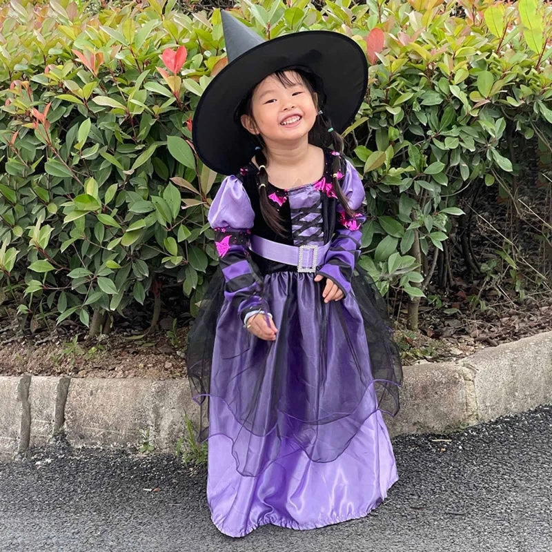 

Fairytale Witch Girls Costume Set Halloween Party Dress Up with Witches Hat Cosplay Supplies Witch Dress 40JC