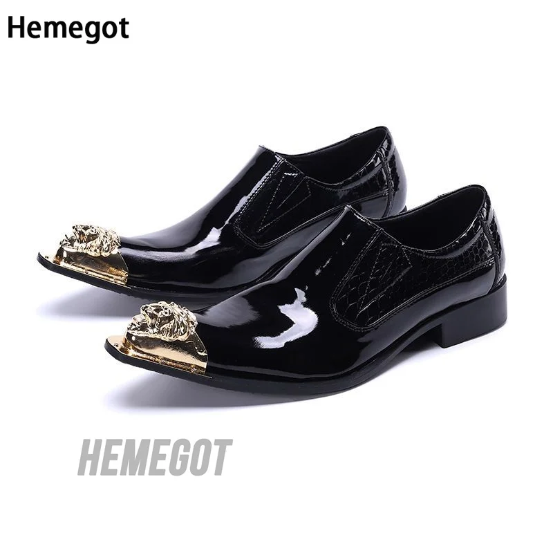 

Golden Metallic Toe Men's Shoes Black Patent Leather Shoes Banquet Breathable Heightened Leather Dress Shoes Men Shoes