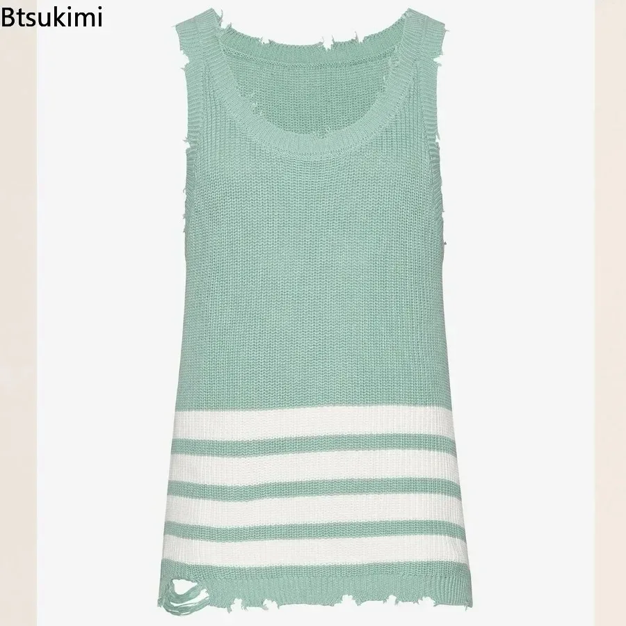 2026 Men's Summer Knitted Tank Tops Loose Casual Ripped Sleeveless Strap T-shirt Fashion New Solid Knit Tops Men Vest Streetwear