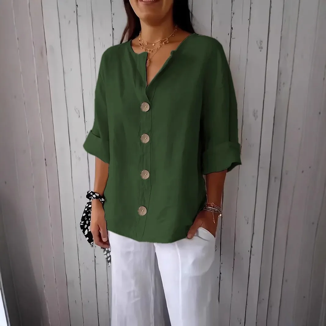 Los katoenen linnen dames T-shirt zomer nieuwe Sle casual V-ne button-up top comfortabel ademend zeven Sve-lengte