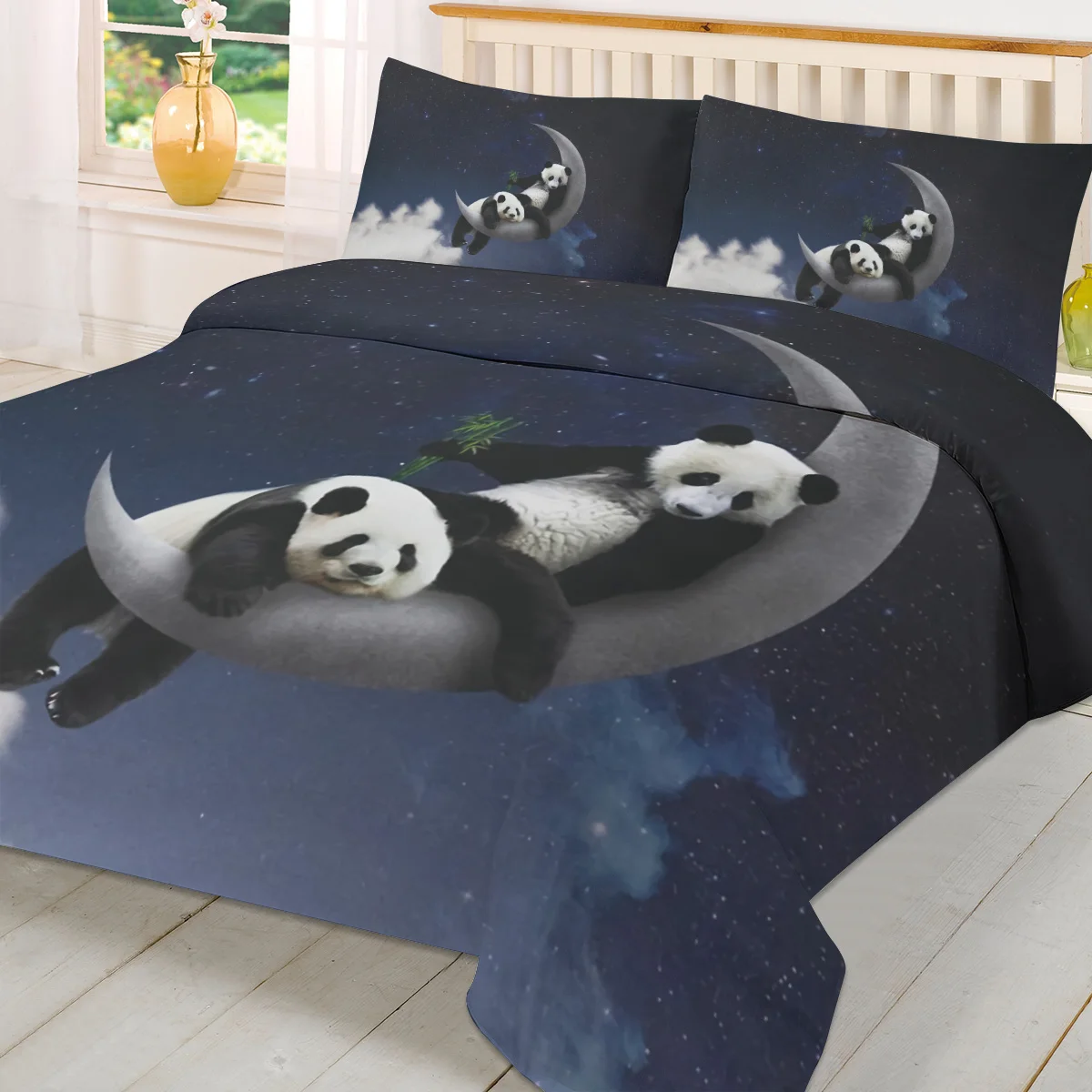Immagine 5: Luna Notte Cielo Panda Stella di bambù Animale Copripiumino con federa Personalizzato 3 pezzi Set biancheria da letto Copripiumino Letto matrimoniale Tessili per la casa