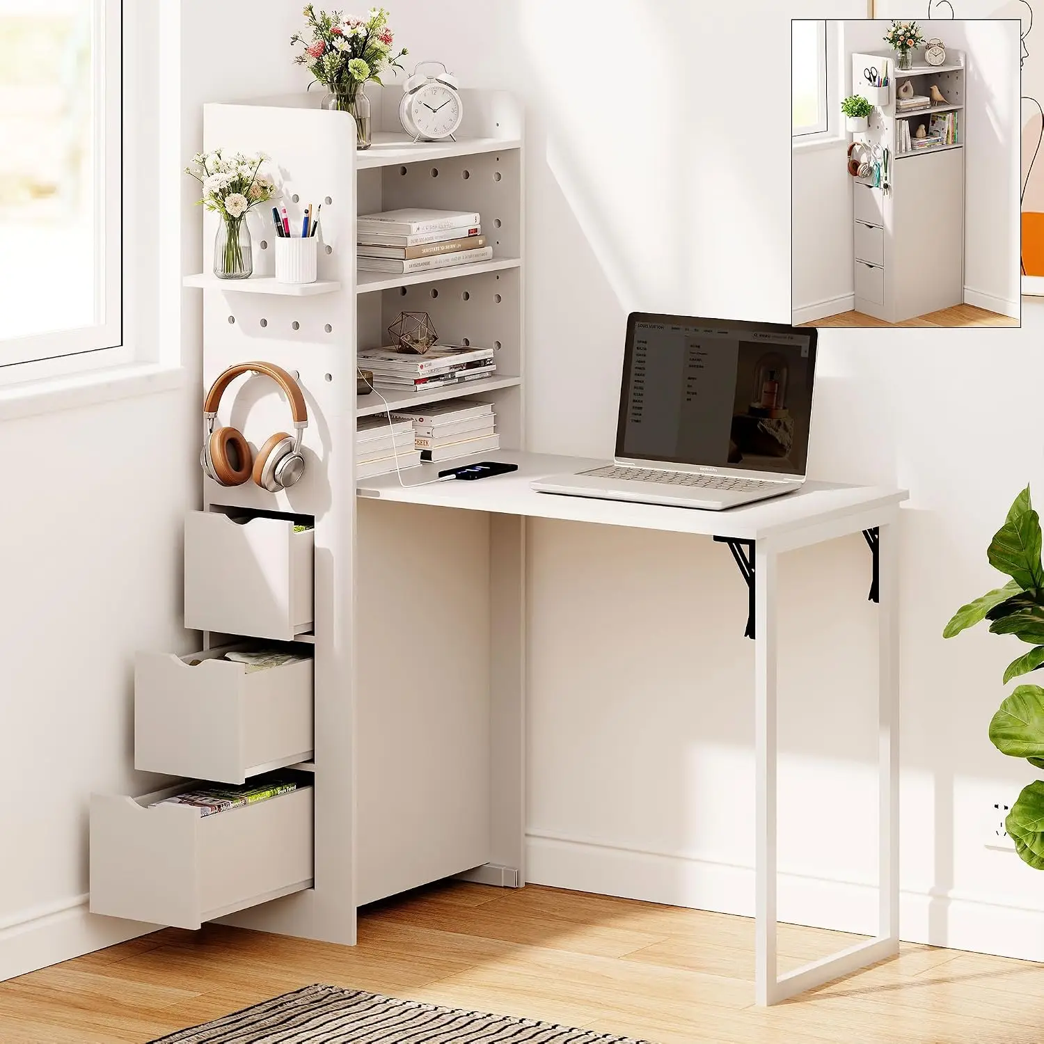 Wall Mounted Foldable Desk with Storage & Power Outlet, Space Saving Table for Small Spaces Home Office Bedroom, Customized