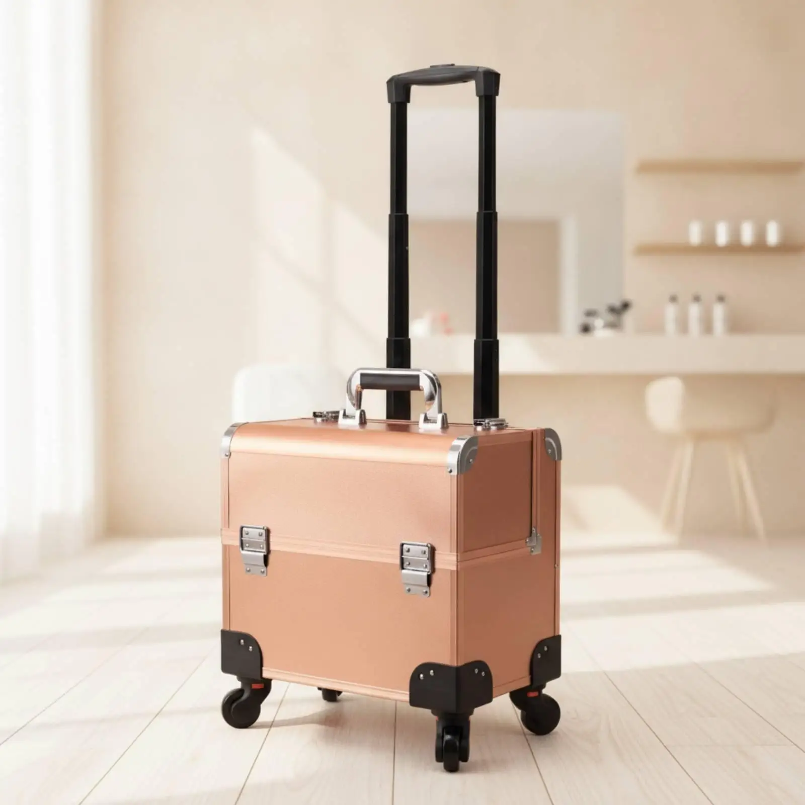 Professional Rolling Cosmetics Case Sturdy Hard Shell Makeup Organizer with Telescopic Handle for Mobile Beauty Work