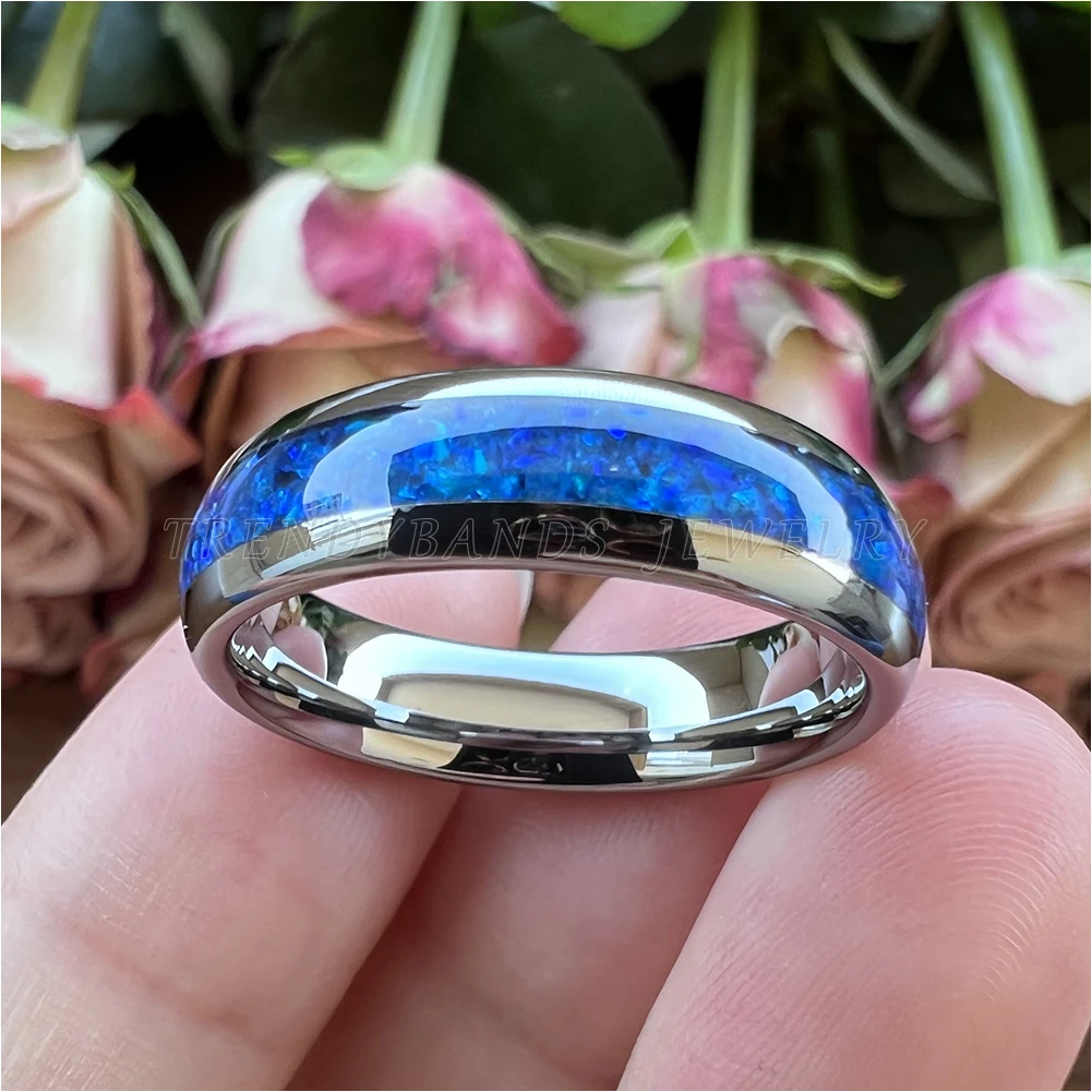 6 mm 8 mm Ringe für Männer und Frauen, Wolfram-Ehering, Modeschmuck, blaue Opal-Inlay, gewölbt, poliert, glänzend, bequeme Passform – Detail 21