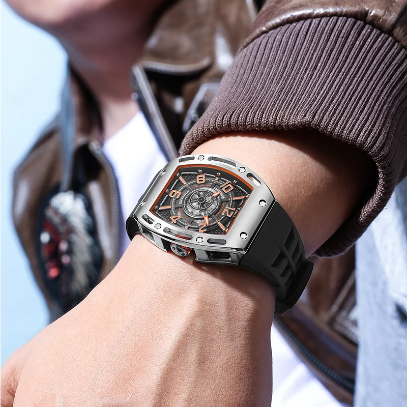 TVSILA Original Miyota Men's Automatic Mechanical Watch Stainless Steel Case Silicone Band Skeleton Waterproof Sport Wristwatch