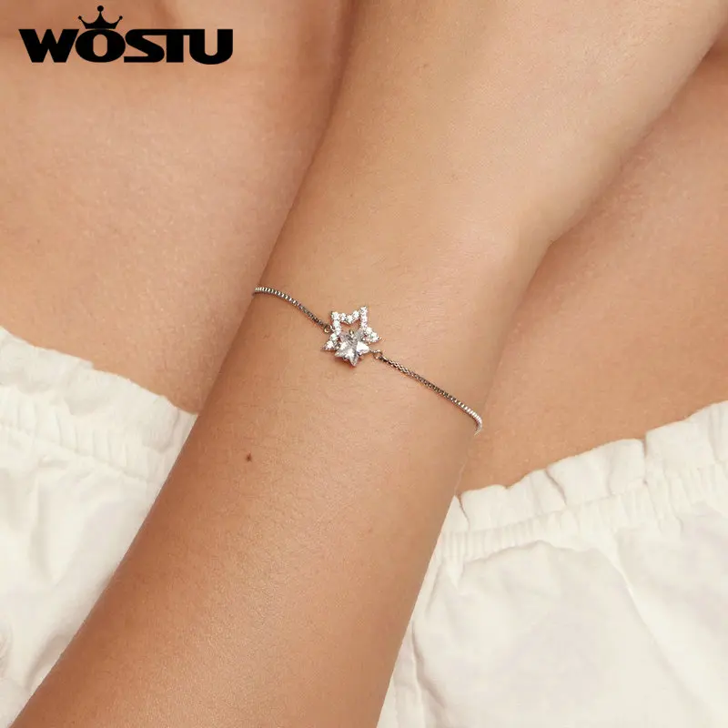 WOSTU-Pulseras de cadena de circonia cúbica para mujer, de Plata de Ley 925, Doble Estrella, Bling, brillante, eslabones de muñeca, joyería de fiesta de boda