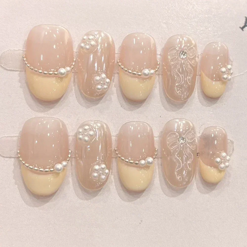 New 10Pcs Colorful Cat Eye Kawaii Handmade Press On Nails Full Cover Hand-Painted Cat Lace Bowknot Pearl Wearable False Nail Art