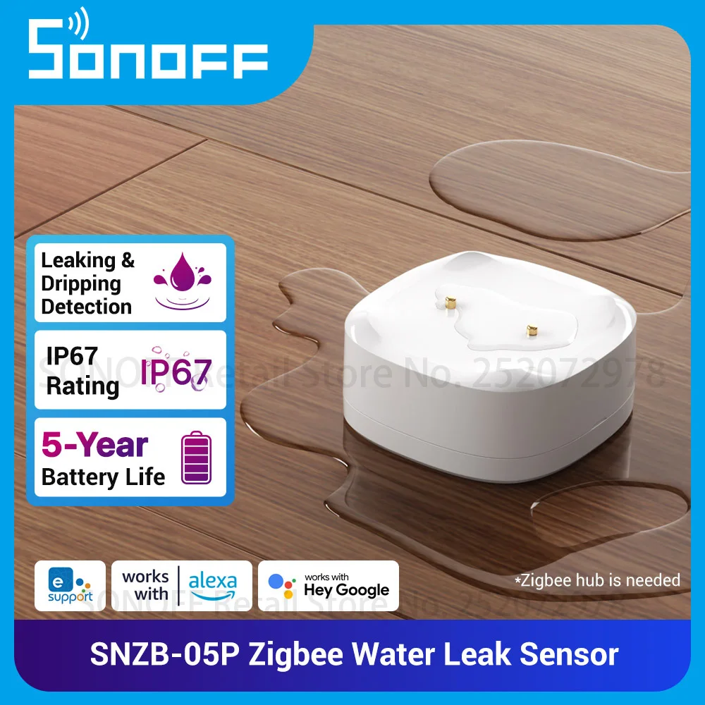 SONOFF Zigbee Water Leak Sensor SNZB-05P Leak Detector Smart Life App Alert Remote Control IP67 Rate Work with Alexa Google Home