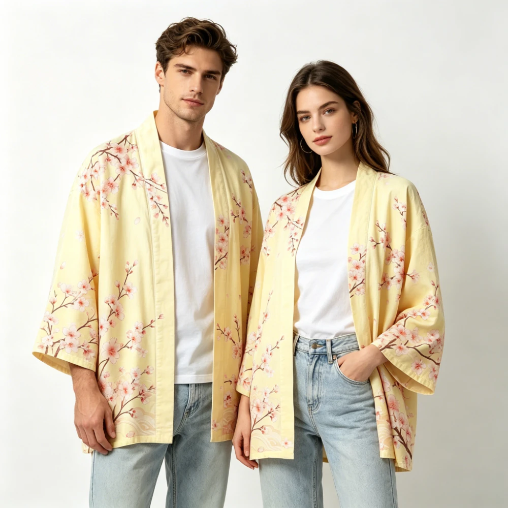 

Women Men Kimono Cardigan Cotton Vintage Floral Sakura Crane Print Summer Beach Cover Up Boho Loose Casual Jacket Robe