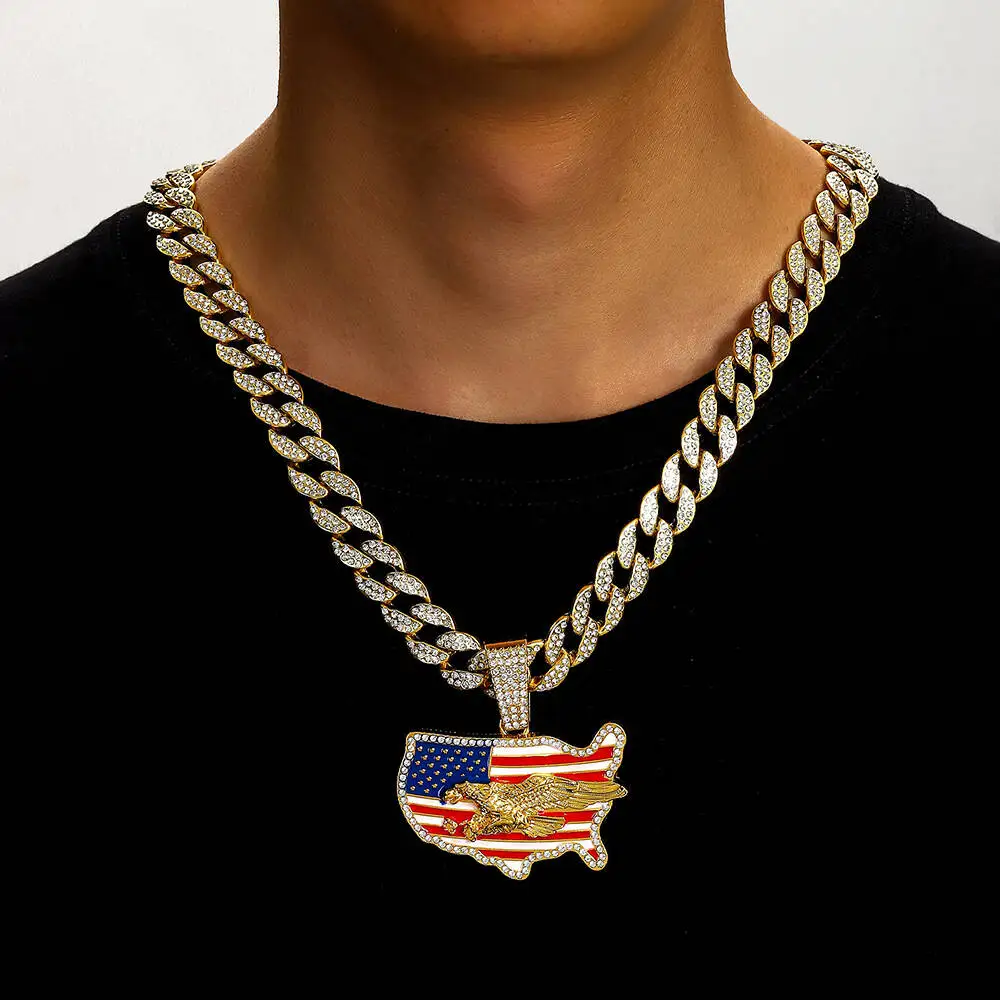 Flag Oil Drip Full Diamond Alloy Pendant American Independence Day Hip Hop Men S Necklace Jewelry