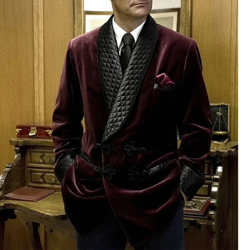 1 Pc Velvet Smoking Jacket Shawl Lapel Loose Men Suit Prom Blazer Retro Dinner Party Male Fashion Coat Latest Designs 2024