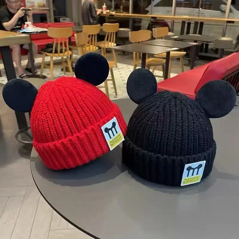 Disney Mickey Children Knitted Hat Cute Cartoon Winter Warm Soft Boy Girl Hats Beanie Solid Color Infant Toddler Cap Kids Caps