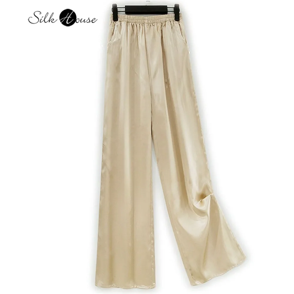 2026 المرأة ربيع جديد الثقيلة 22 مللي متر 100% التوت الطبيعي الحرير عادي الساتان جيب تصميم الشمبانيا تسع نقاط مستقيم الساق السراويل