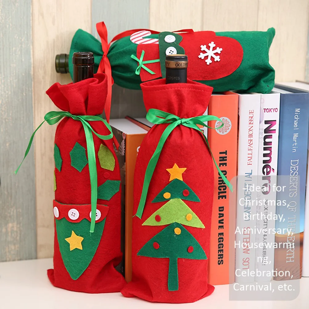 

3Pcs Non-Woven Wine Bottle Cover Red Green Christmas Decoration Exquisite Details Vibrant Colors Perfect for Gifts and