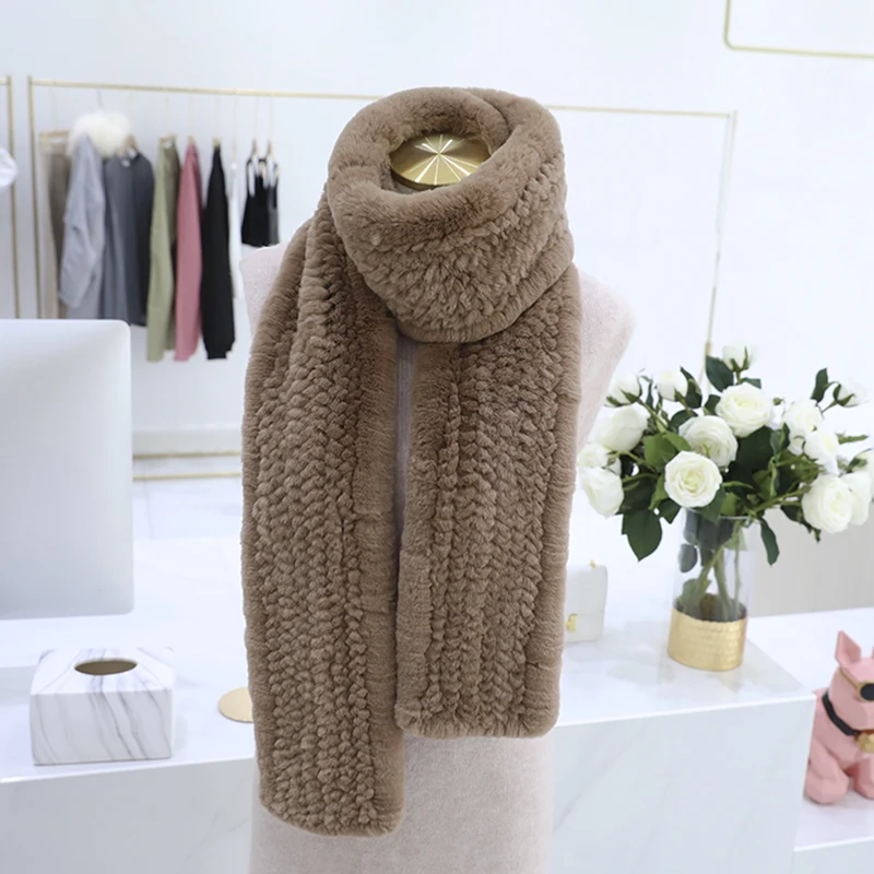 Brand New Real Rex Rabbit Fur Knitted Women\'s Winter Warm Scarf Scarves Wraps Russia Neck Warmer Fashion Luxury Mufflers 170cm