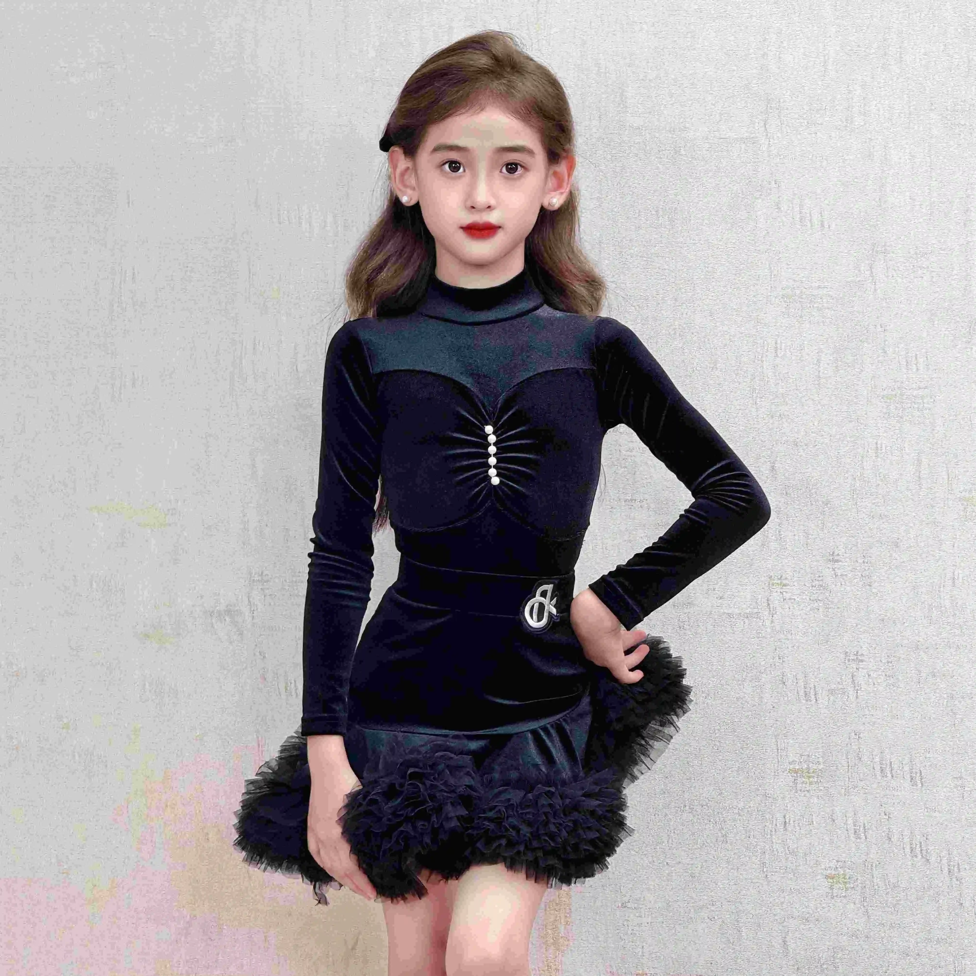 2025 어린이 라틴 댄스 의상 긴 소매 높은 칼라 풍성한 드레스 소녀 차차 룸바 댄스 드레스 대회용 드레스