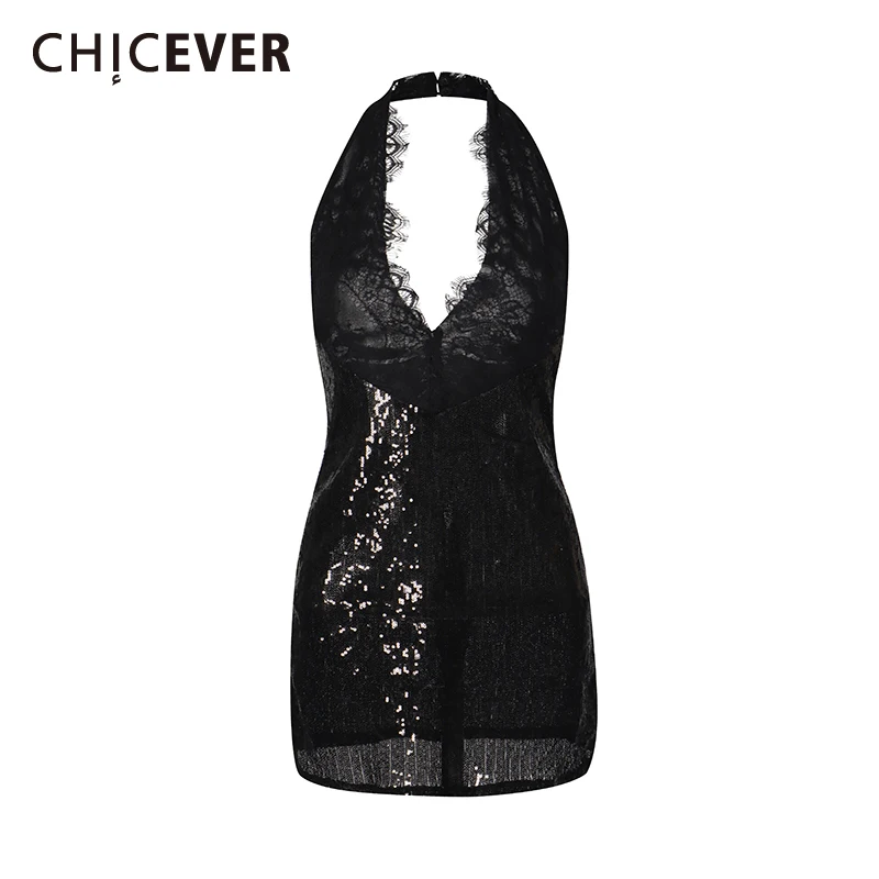 CHICEVER Black Spliced Lace Chic Dress Female Halter Sleeveless Slimming Sexy Vintage Women's Dresses Summer Fashion New Style