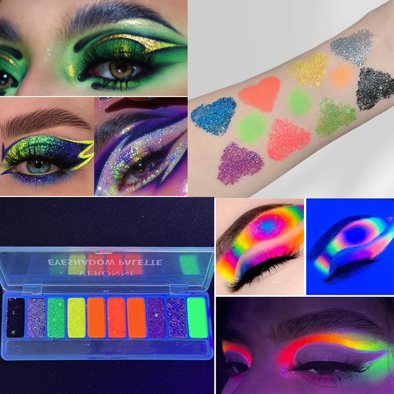 10 Colors Neon Glow in Bright Eyeshadow Palette Colorful Eye Makeup Pigmented Eye Shadow Pallet Matte Shimmer Glitter Cosmetic