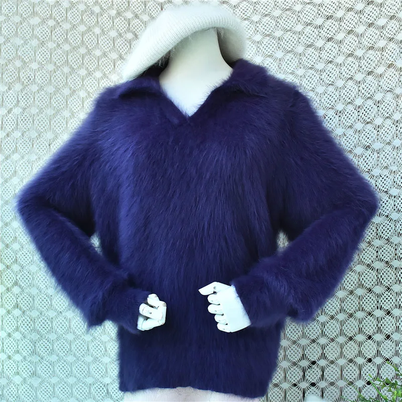 Women Mujer Autumn Winter Fashion Purple Hairy Angora Rabbit Hair Knitted Turn-Down Neck Loose Pullover Mink Fur Sweater Jumper