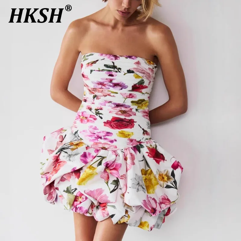 

HKSH Summer New Women Chic Y2K Hot Sweet Streetwear Ins Fashion Slim Floral Puff Dress Strapless Pleated Short Skirt Tide HK5678