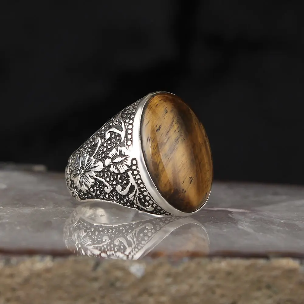 

Natural Tiger eye 925 sterling silver male silver Men's ring