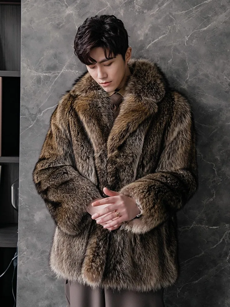 Men Luxury Raccoon Fur Coat Design Medium Length Turn-Down Collar Real Fur Jacket Autumn Winter Loose Fit Fashion Mens Overcoat