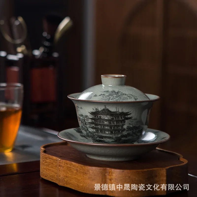 Jingdezhen Ceramic Sancai Gaiwan Teacup Household Retro High-end Tea Bowl Opening Film Can Raise Ru Porcelain Kung Fu Tea Set