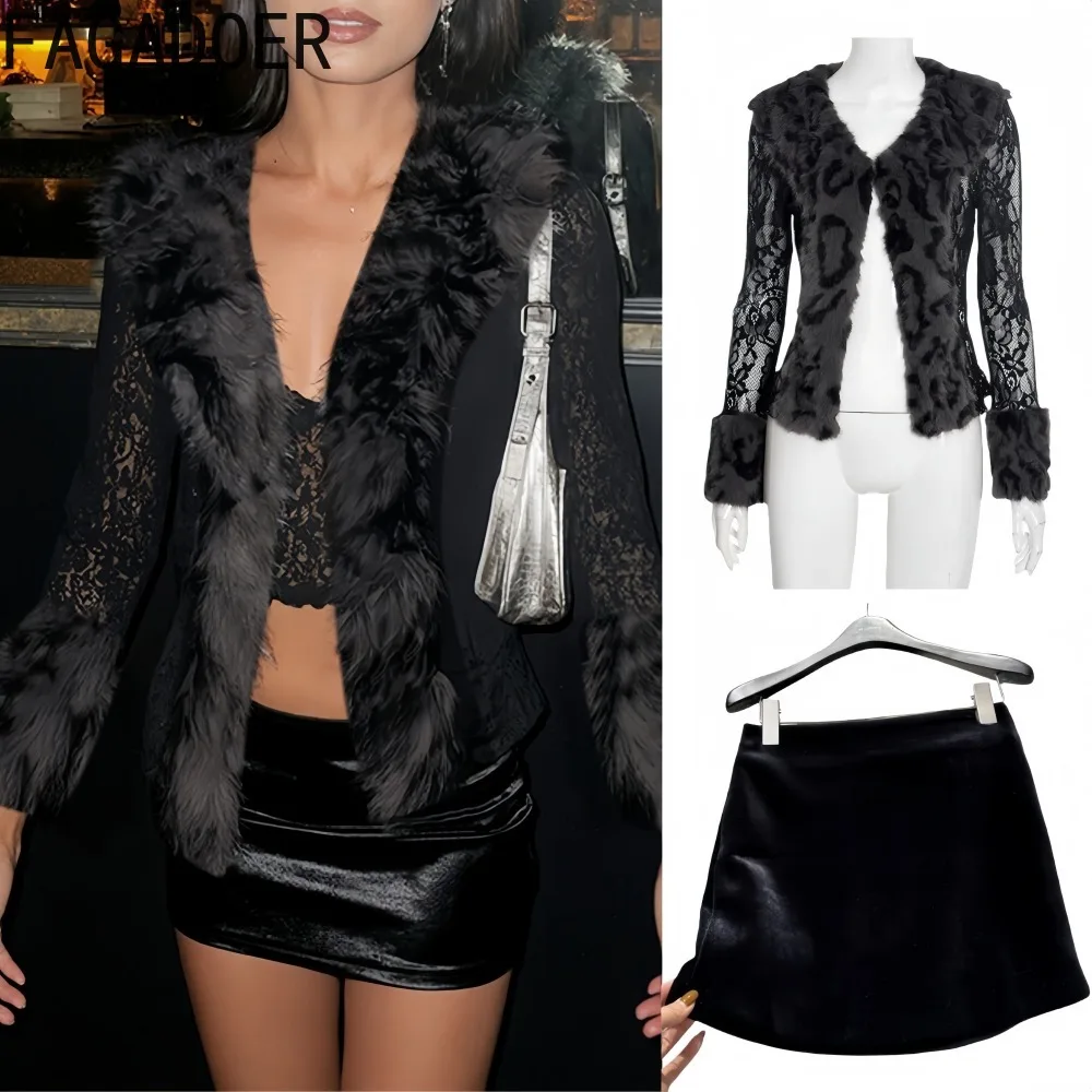 

FAGADOER Sexy Leopard Print Fur Patchwork 3 Pieces Set for Woman Outfits Lace See Through Crop Top+Skirt+Coat Female Streetwear