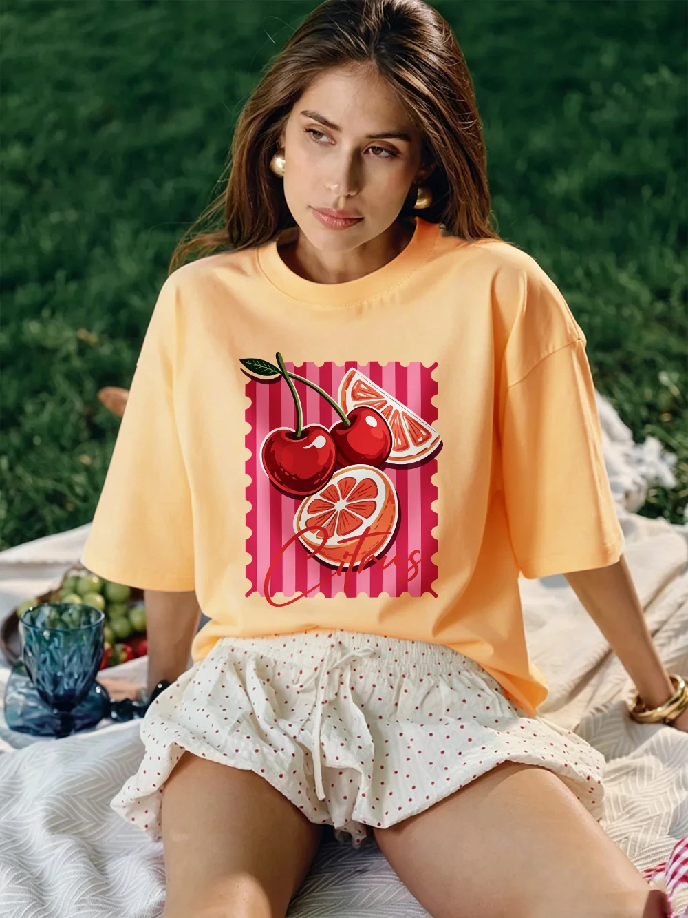Rote Kirsch-Zitrus-Bedruckte T-Shirts aus Baumwolle für Damen, Sommerliche Oversize-Oberteile, Basic O-Neck Kurzarm-T-Shirts, Lässige Weiche Kleidung – Detail 19