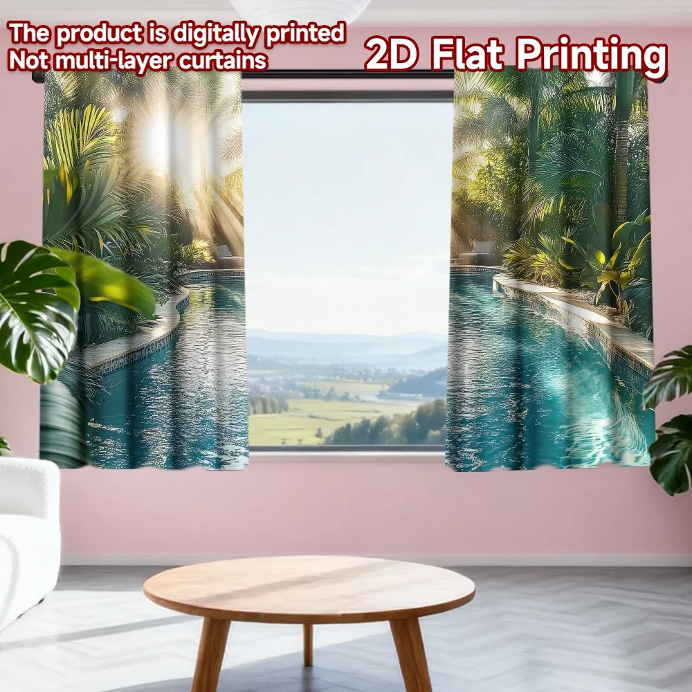 

2D flat printing 2pcs Party Curtain Tropical Sunlit Swimming Pool Digital Printed Polyester Drapes All Season Party & Holiday