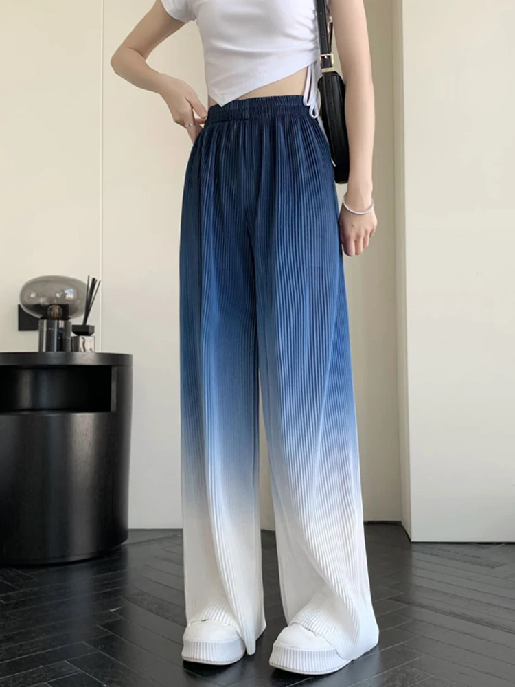 Summer Thin Chic Gradient Color Wide Leg Pants Floor Length Pleated Chiffon Ins Trousers Ulzzang Korea Fahion Color Block Pants