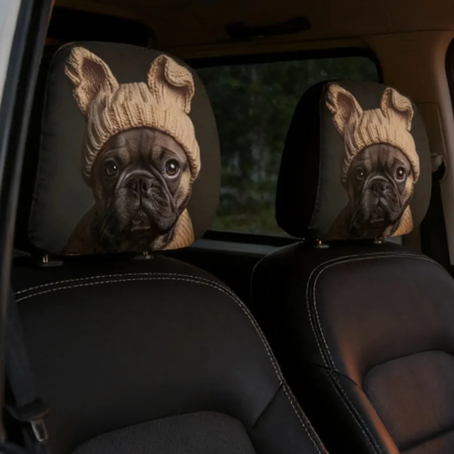 Funny Dog with Hat Headrest Cover, Double Sided Fashion Pet Design, Cozy Auto Decor & Seat Protector Pet Lover's Gift!