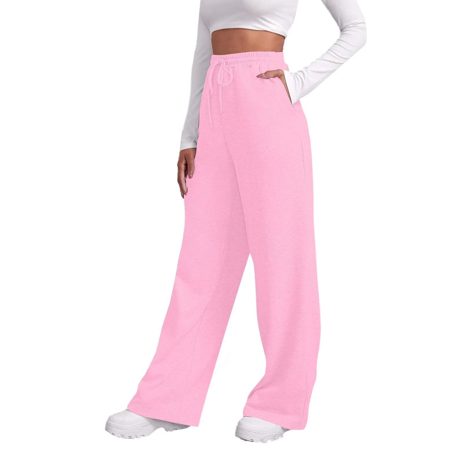 

Women'S Sweatpants Spring Solid Color Casual Sports Trousers Drawstring Elastic Waist Wide Leg Straight Sweatpants