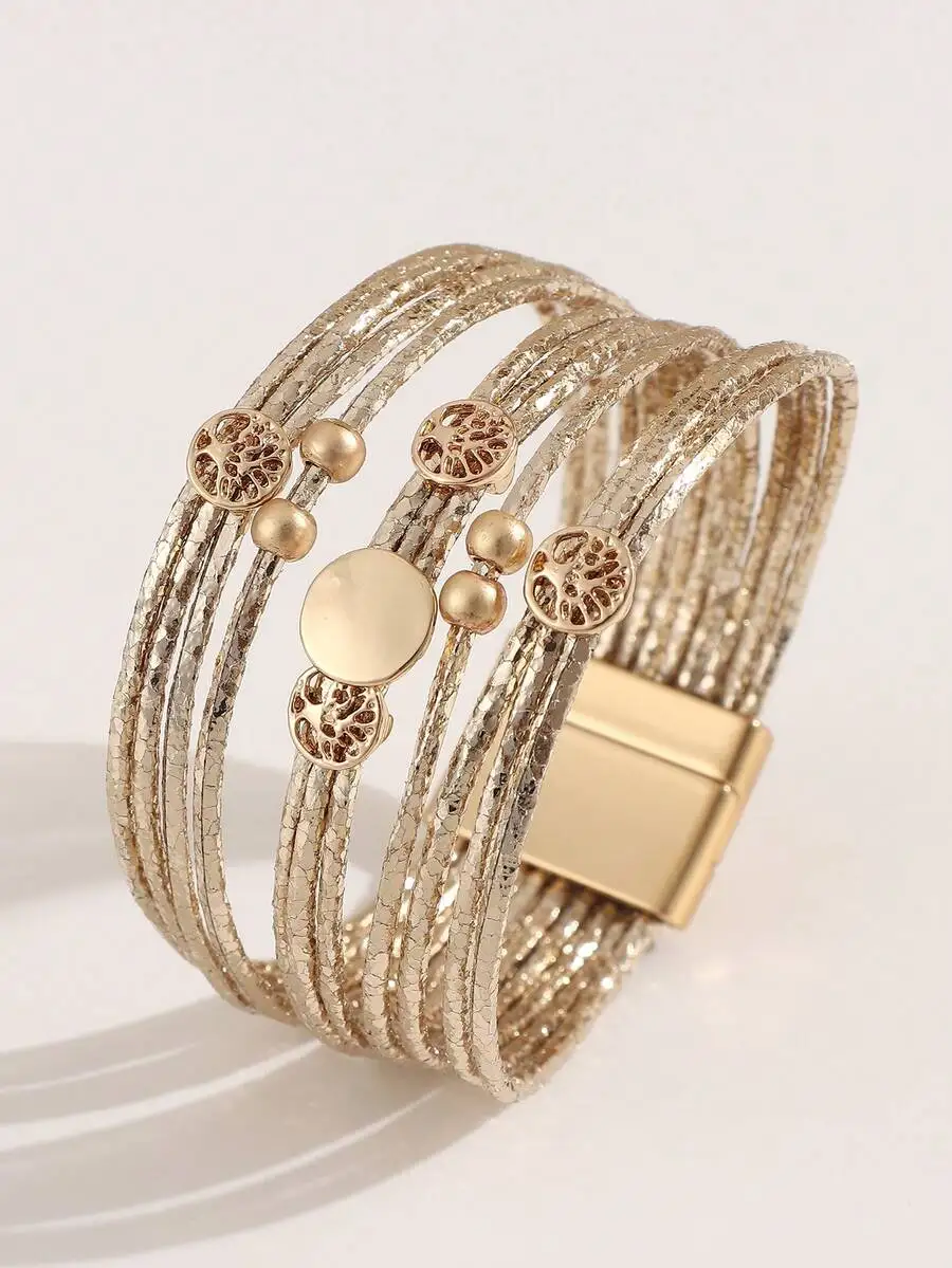 

Gold Multi-Strand Textured PU Leather Wrap Bracelet With Tree Of Life Charms And Beaded Accents For Women