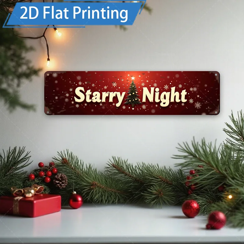 [2D FLAT] قطعة واحدة من اللافتات المعدنية، 8 × 12 بوصة ليلة مرصعة بالنجوم وعيد الميلاد علامة معدنية فنية جدارية مزخرفة