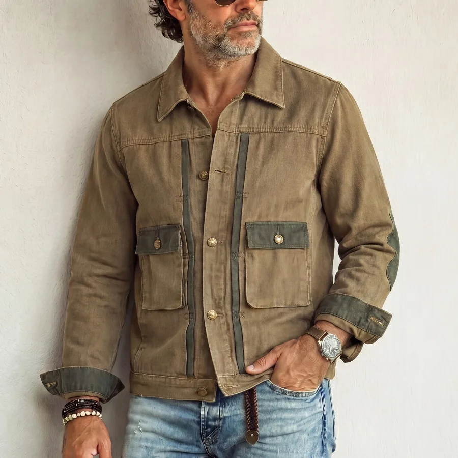 Japanese Loose Color Cloth Jacket Men's Autumn Winter Coats Ins Workwear Multi Pocket Long Sleeved Cotton Denim Jacket