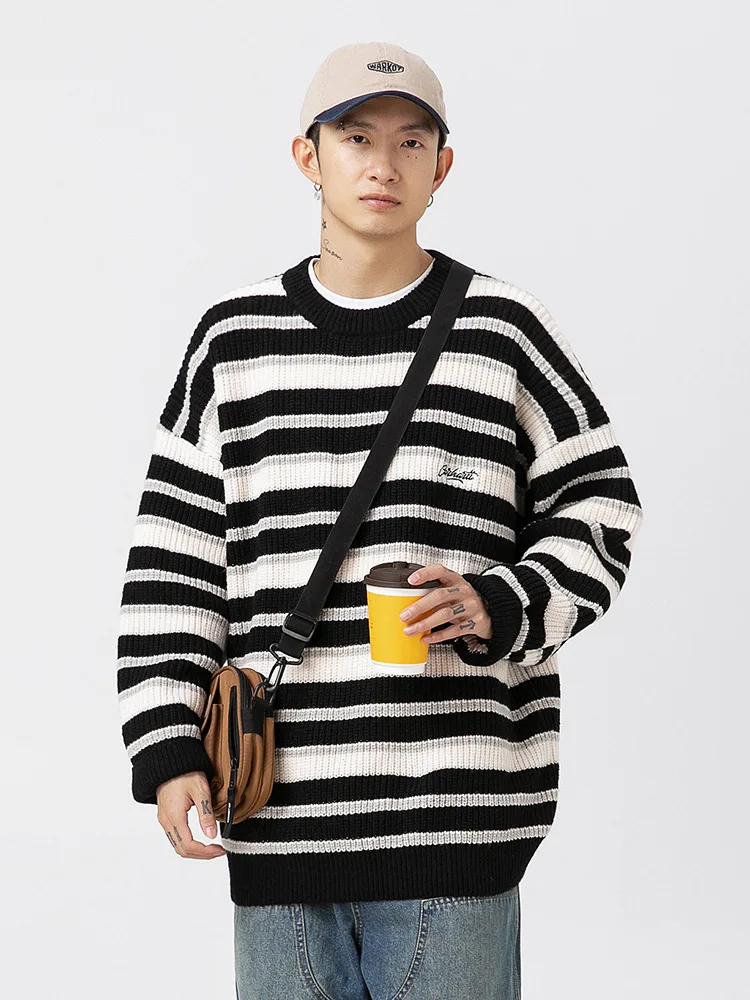 

Striped Pullover Sweater 2023 Men Autumn Winter Loose Knitted Sweater Jumper Y2K Oversized Casual Sweater