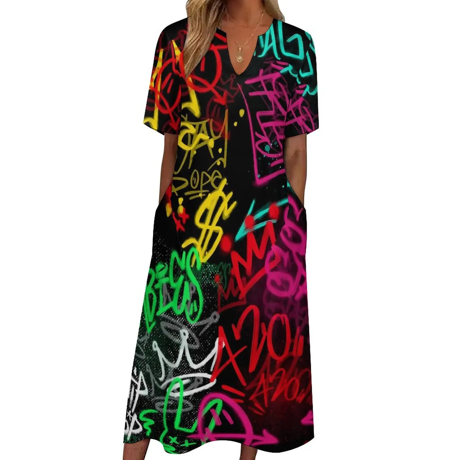 

Graffiti Inspired Dress Colorful Letter Print Maxi Dress Aesthetic Bohemia Long Dresses Summer V Neck Design Vestido Big Size