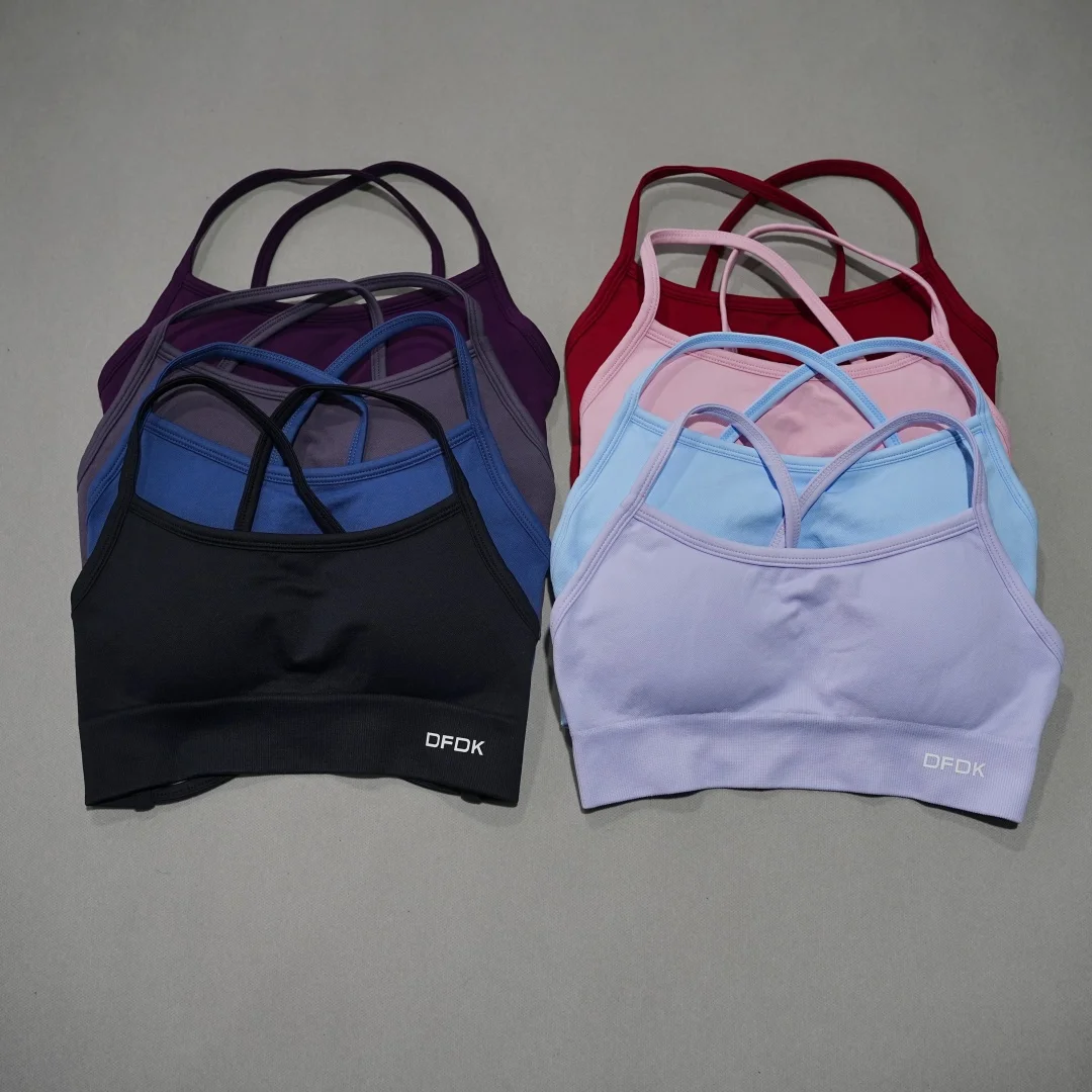 DFDK Ribbed Seamless Cross Back Yoga Bra Women Wirefree Push Up Removable Pads Shockproof Stretch Fitness Workout Top view 2
