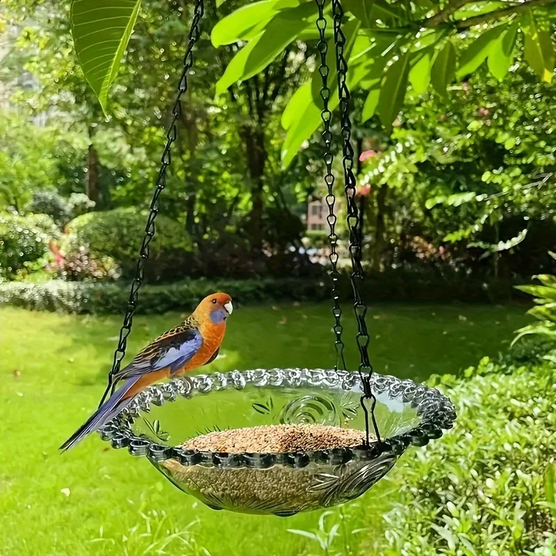 Hanging Bird Bath Feeder Set with Chain Outdoor Garden Patio Decor Floral Design PP Bird Water Dish Yard Bird Feeder Tool