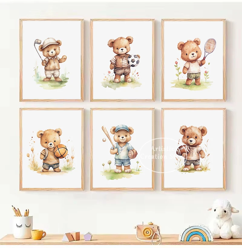 Watercolor Cartoon Sports Teddy Bear Playing Soccer Nursery Poster Canvas Painting Wall Art Pictures Home Kid‘s Room Decor Gift
