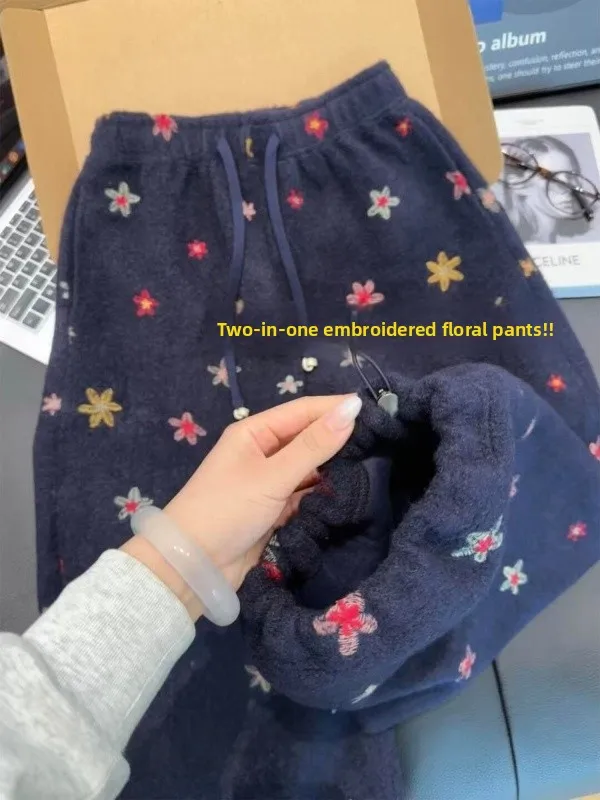 

Heavy Embroidery Flower Sweatpants Women's Autumn Winter New Casual Versatile Cuffed Pants Two-Way Wear High Waist L...