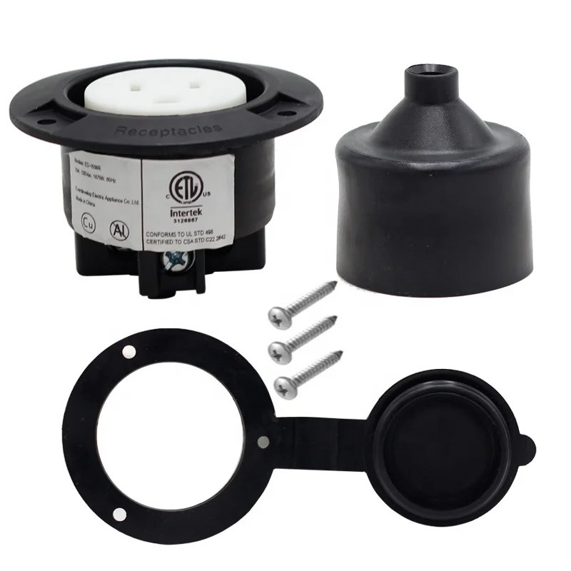 15 Amp 125 Volts Entrada de Alimentação Preto 3 Fios Nema 5-15 Lâmina Reta Flangeada RV Shore Tomada de Alimentação Receptáculo