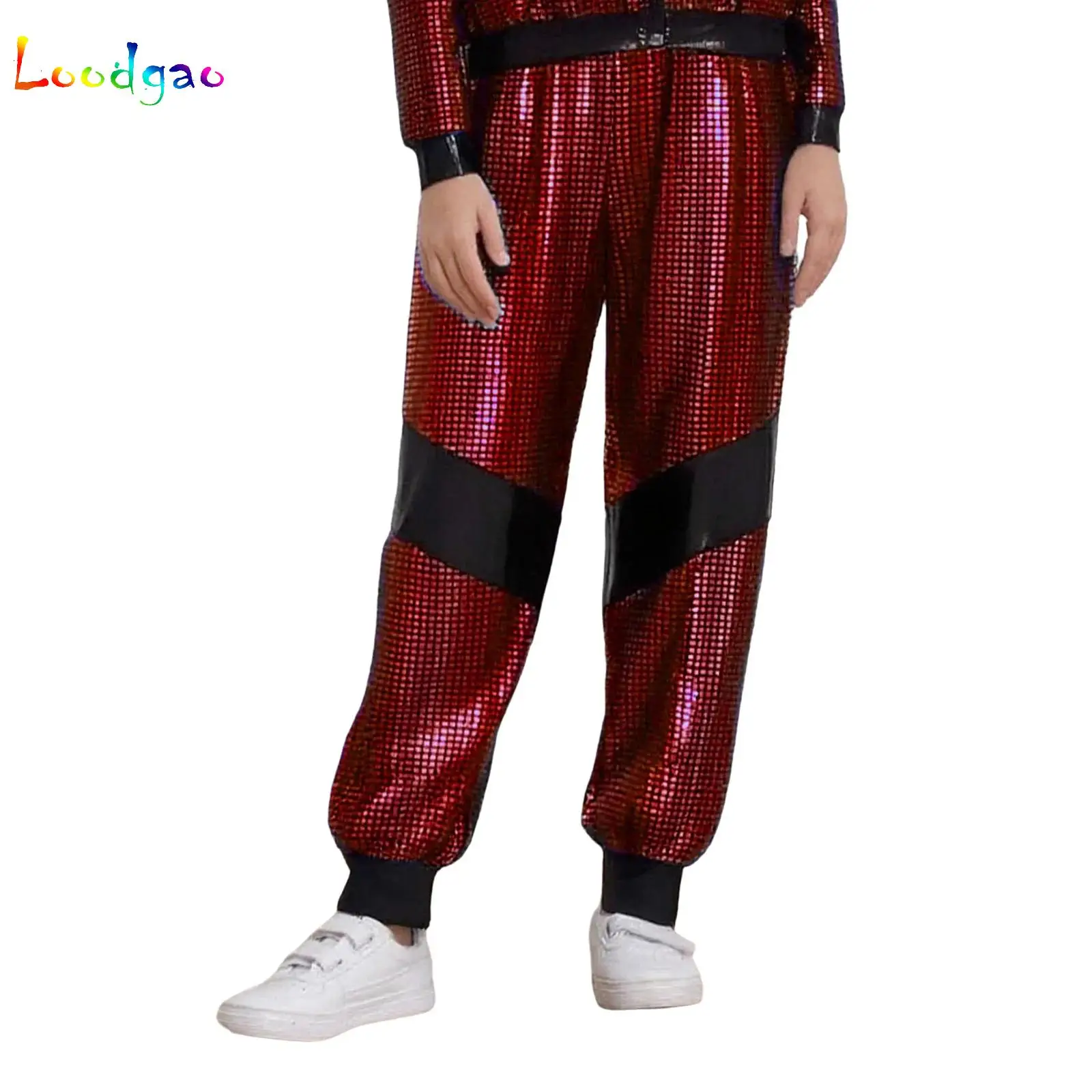 

Boys Girls Metallic Shiny Cargo Pants Kids Fashion Metallic Plaid Color Block Trousers Teens Hip-Hop Street Jazz Dance Costume