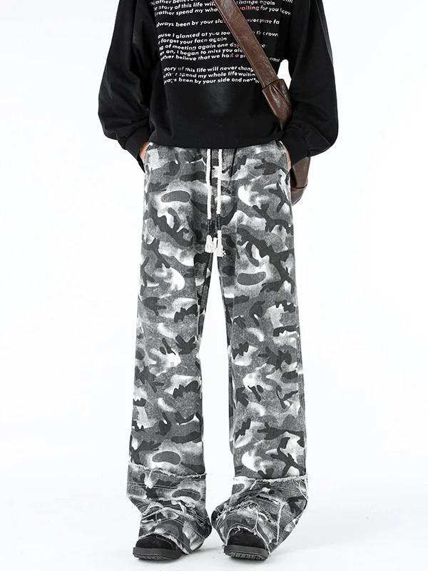 

Мужские джинсы-карго в стиле камуфляж, американский винтажный тренд, с потертостями и пэчворком, рабочие, длинные, прямые, в пол, в уличном стиле