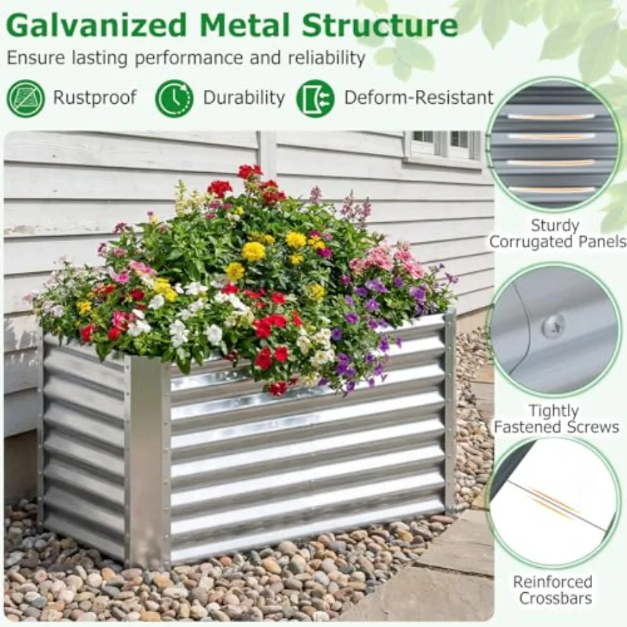 Outdoor rectangular metal planter box for saplings, vegetables, flowers, fruits; galvanized steel; silver; open-ended base; 4 x