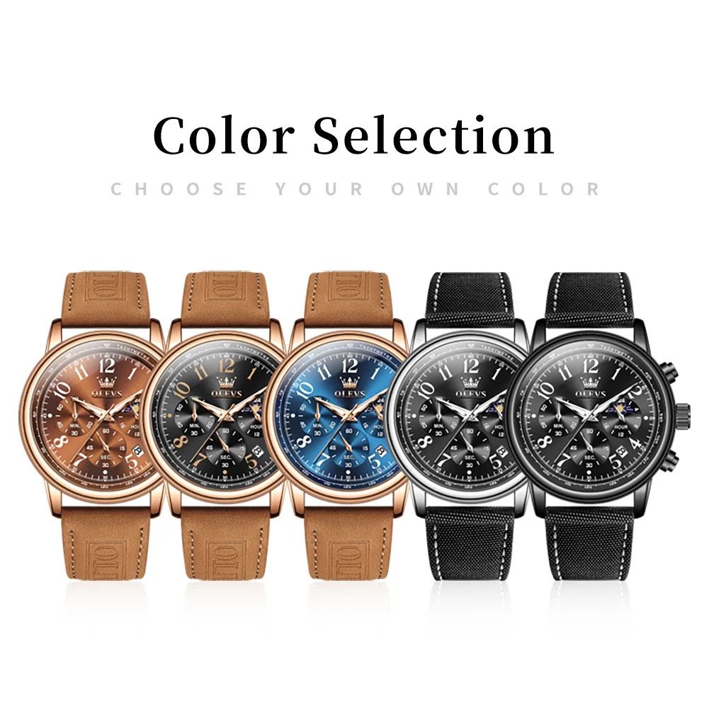 OLEVS Casual Fashion Men's Watches Big Number Dial Multifunctional Chronograph Original Watch for Man Moonphase Leather Strap