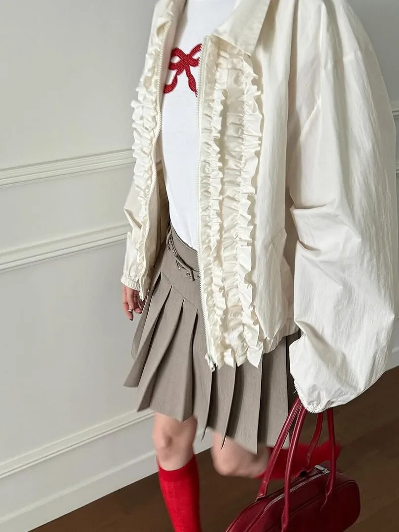 Early Spring Women's irt Jaet Loose Fit Vintage Turn-down Collar Zipper Design Versatile Open Cardigan Top