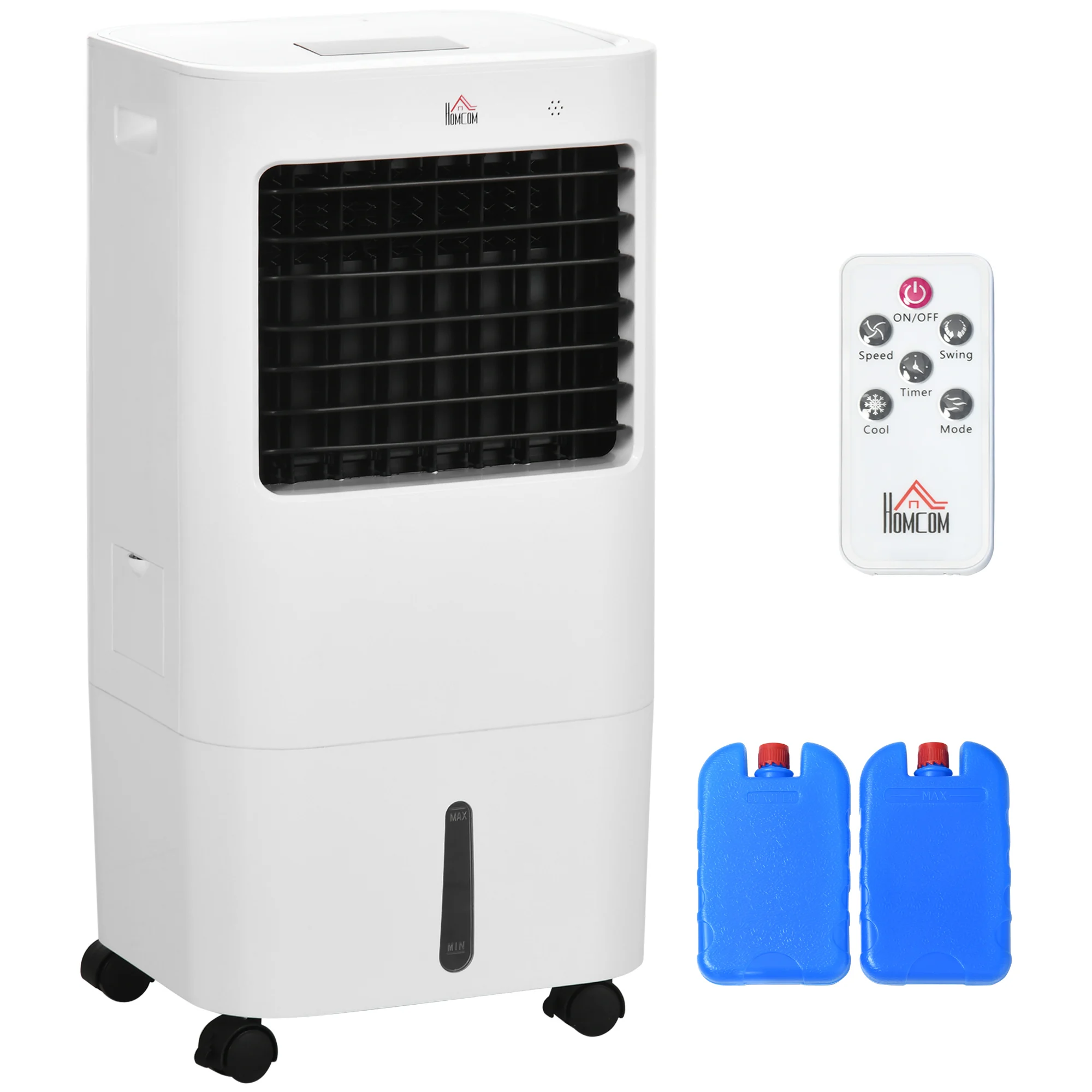 HOMCOM portable air cooler 15L evaporative air conditioner 65W humidifier fan with LED Display remote Control timer swing 3 speeds 3 modes 32x37x74 cm White